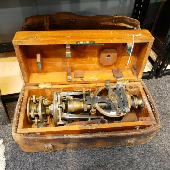 EARLY 2OthC THEODALITE IN MAHOGANY BOX w OUTER LEATHER COVER 460x200x130mm