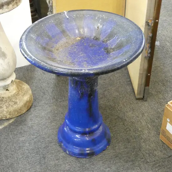 2 PART BLUE GLAZED BIRD BATH H.525mm
