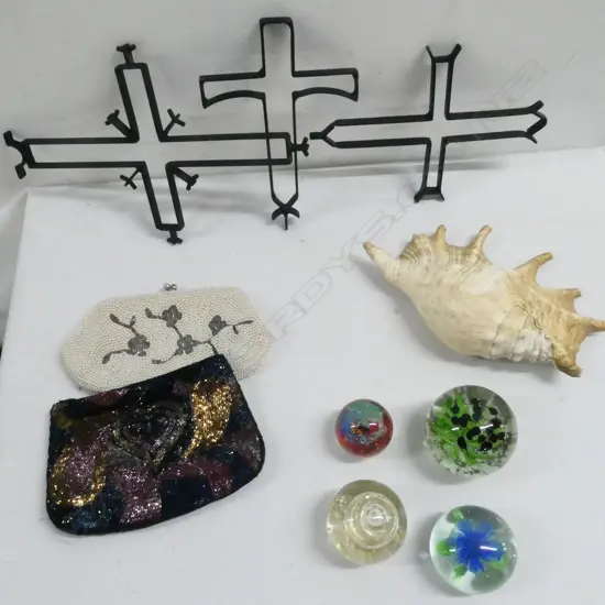 SHELL L.275mm, 4 ART GLASS PAPERWEIGHTS, 3 METAL CROSSES, 2 BEADED EVENING BAGS