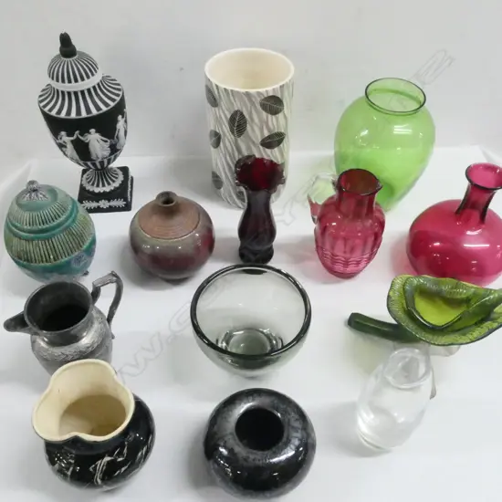 ASST. GLASS & CHINA includes 19thC Wedgwood black basalt lidded urn finial with tiny chip