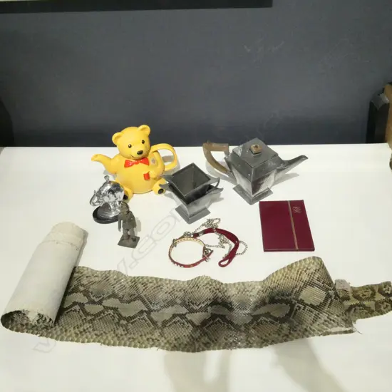 3 PCE PEWTER TEA SET, WWII GERMAN STAMPS, SNAKE SKIN, YELLOW TEAPOT ETC