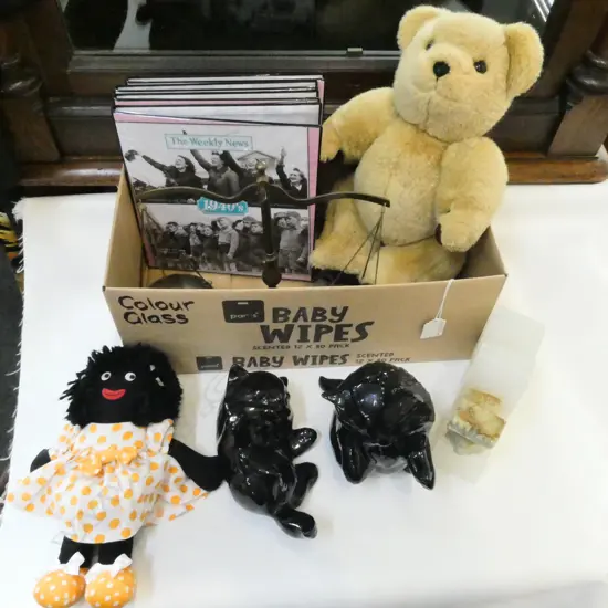 ASST 'THE WEEKLY NEWS' ALBUMS, 2 CERAMIC BLACK CATS, MUSICAL TEDDY & OTHERS