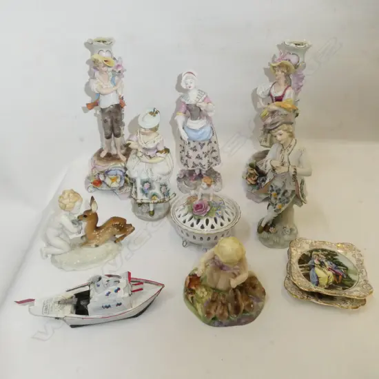 ASST. CHINA INCL. PR DRESDEN CANDLESTICKS H.245mm FAULTS + METAL PUT PUT BOAT