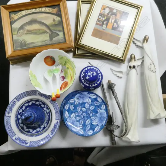 ASST CHINA, 2 CARVED ANGELS, 6 FRAMED PRINTS, etc