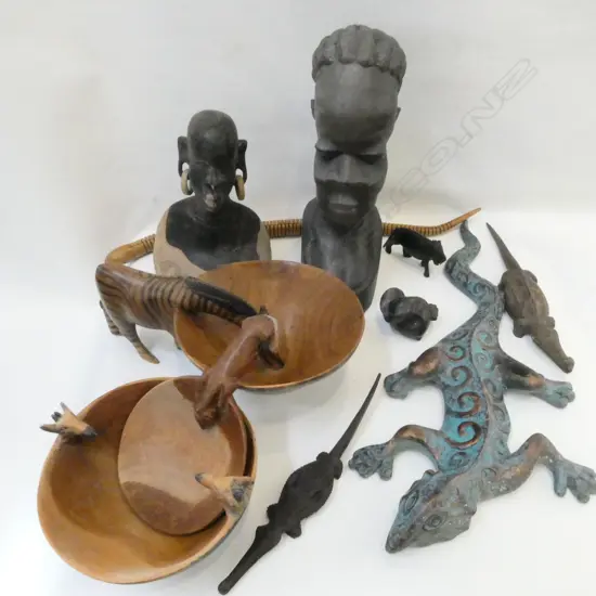 AFRICAN WOODEN BOWLS, BUSTS & ANIMALS ETC
