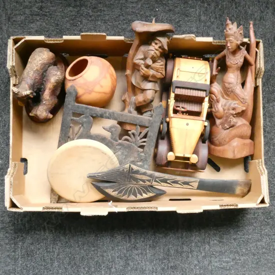 WOODEN CARVINGS, CAR, CAST IRON GARDEN STAKE, SHEEP ORNAMENT, ETC 