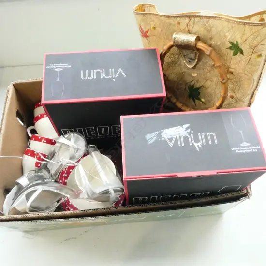 2 BOXES OF 2 RIEDEL WINE GLASSES, PR CHARLES JOURDAN HEELS, C/S