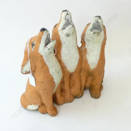 PAINTED CONCRETE GARDEN ORNAMENT; 3 FOX CUBS HOWLING H.300mm