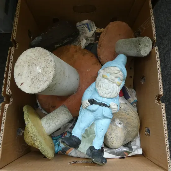 ASST. CONCRETE GARDEN ORNAMENTS; MUSHROOMS, SLEEPING MAN, GNOME ETC