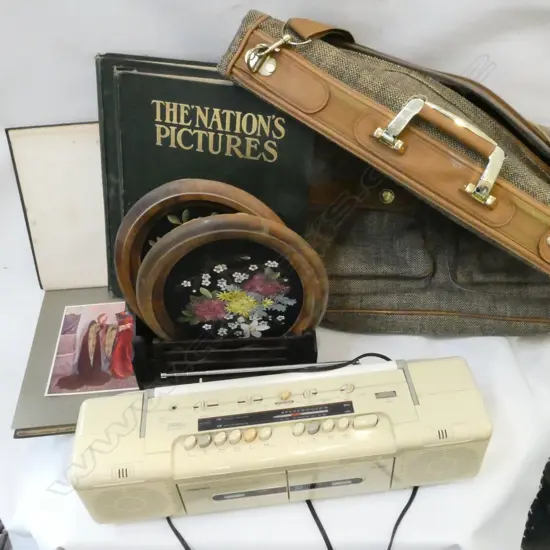 VINTAGE CYPERX RADIO, ADOLFO TRAVEL BAG, 2 ORIG. WORKS BY MARGARET BAINES, 3 VOLS. THE NATION'S PICTURES, etc