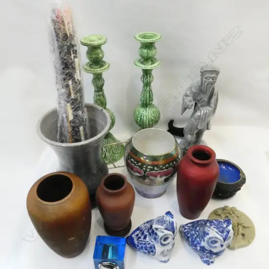 ASST. VASES, PR GREEN  CANDLESTICKS, QUILLS ETC