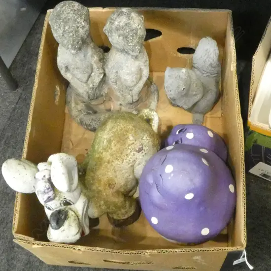 ASST. CONCRETE GARDEN ORNAMENTS; MUSHROOMS, SQUIRREL, MEERKATS, DONKEY