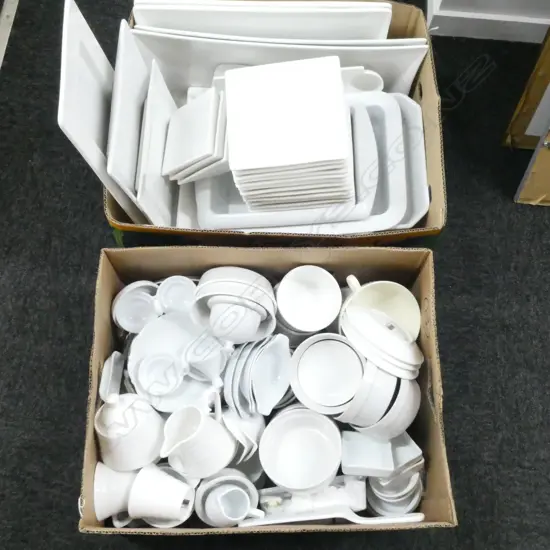 2 BOXES ASST WHITEWARE TRAYS & DINNER CHINA; Incl. MAXWELL & WILLIAMS, etc