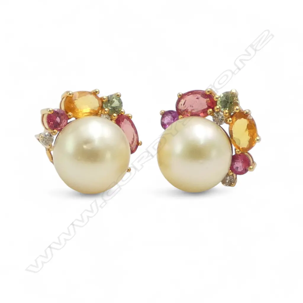 PR 14ct SOUTH SEA PEARL, RUBY, DIAMOND & APATITE EARRINGS Image 1++