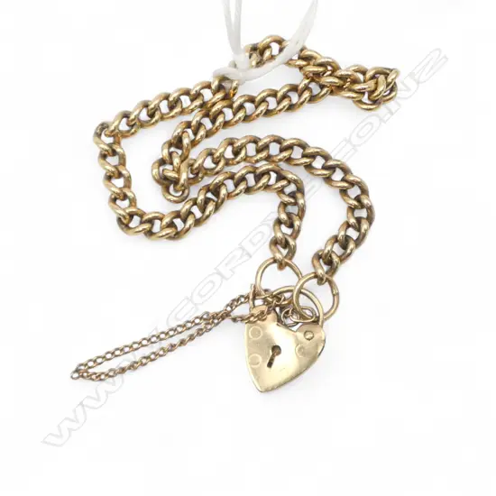 9ct yellow gold solid curb link bracelet w heart padlock clasp 10.4gms