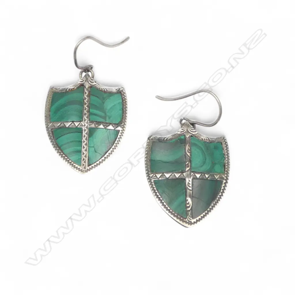 PR ANTIQUE SHIELD FORM SILVER & MALACHITE SET EARRINGS Image 1++