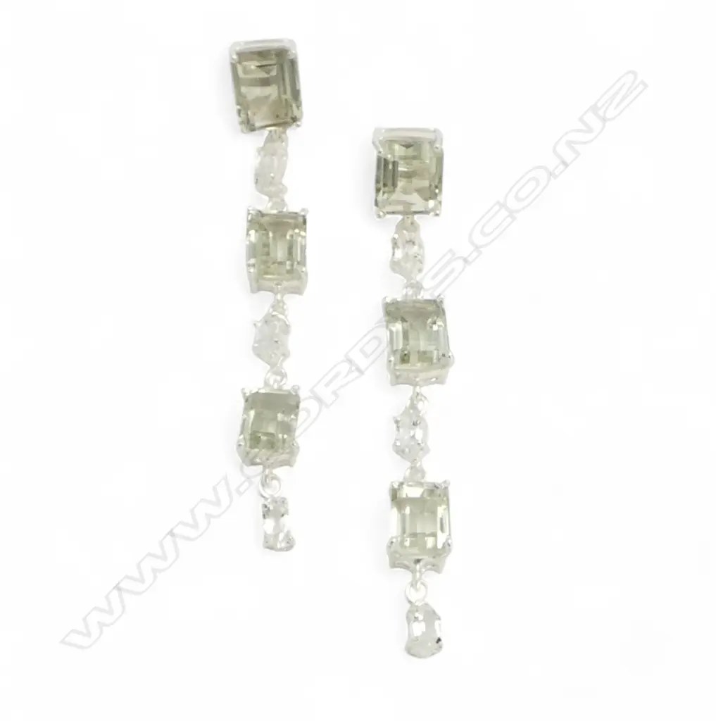 PR SILVER GREEN AMETHYST & WHITE TOPAZ DROP EARRINGS Image 1++