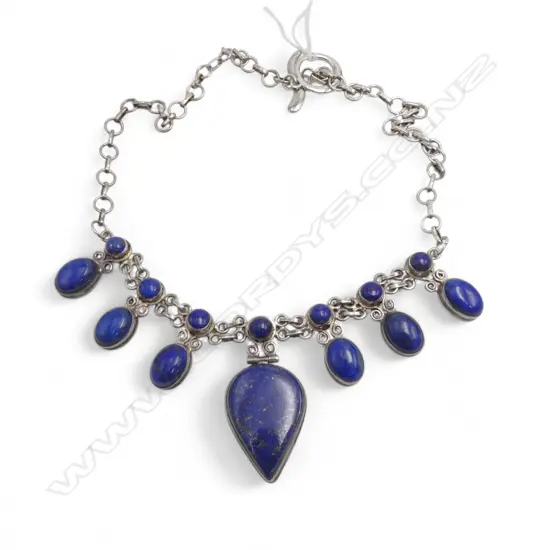 SILVER LAPIS LAZULI FANCY LINK PENDANT NECKLACE