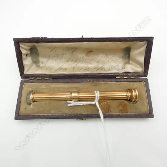 15ct GOLD PROPELLING PENCIL by S. MORDAN & Co. CASED. Bloodstone end w cracks. XRF gold tested. 20gms