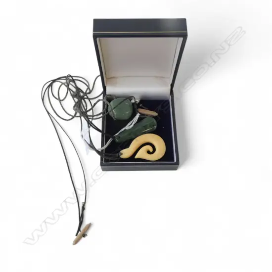 3 PENDANT NECKLACES; 2 GREENSTONE, 1 BONE