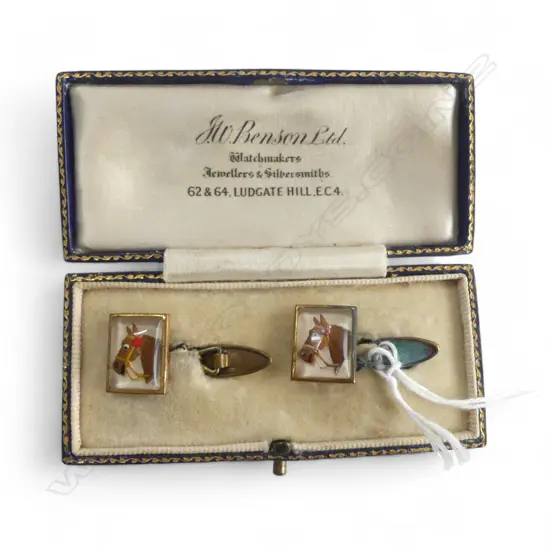 Pair OF ESSEX CRYSTAL HORSE HEAD GILT CUFFLINKS boxed. Lid named J.W. Benson Ltd.