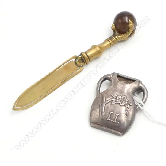 BRASS & AGATE eagles claw BOOK MARK + MINI SILVER VASE BROOCH