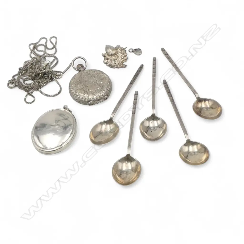 ASST SILVER JEWELLERY + SPOONS + LADIES FOB WATCH. 54gms watch weight not included Image 1++