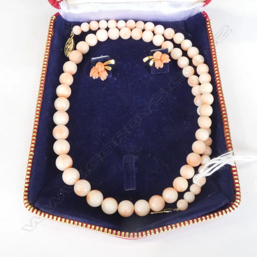 CORAL BEAD NECKLACE L.475mm + PR EARRINGS, BOXED Image 1++