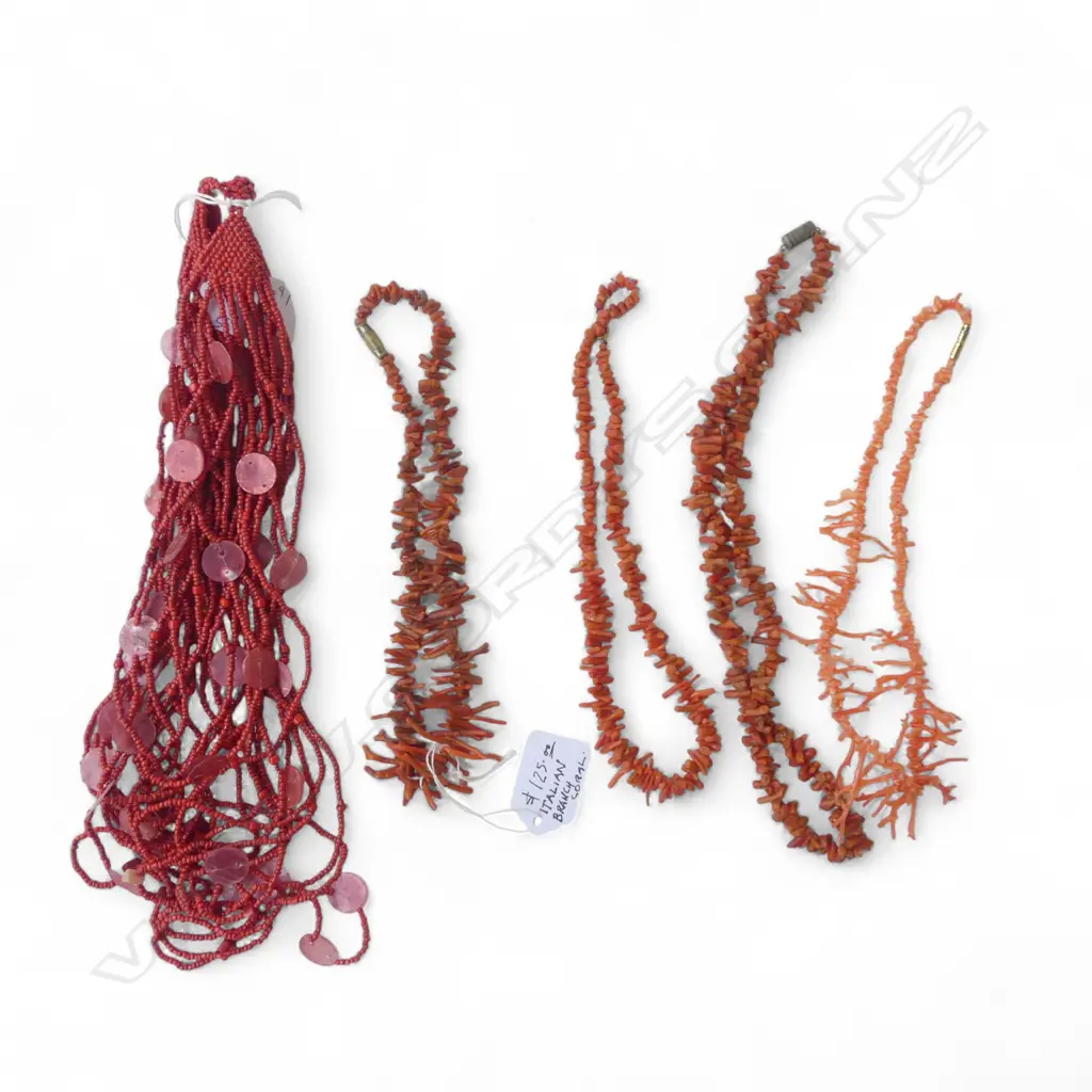 5 RED BEAD NECKLACES, CORAL ETC Image 1++