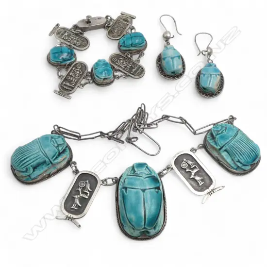 EGYPTIAN SILVER AND POTTERY SCARAB BEETLE NECKLACE/BRACELET/EARRINGS SET