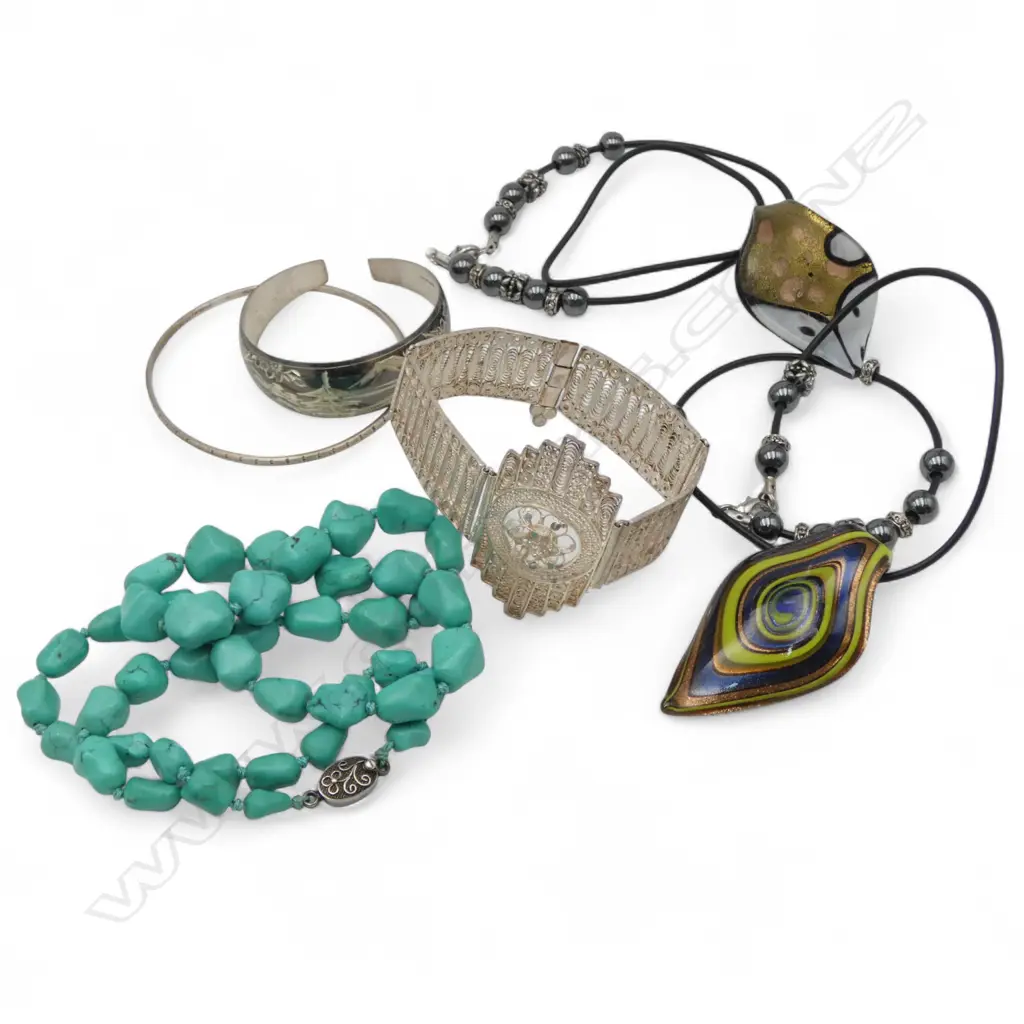 Asst. jewellery: some silver + turquoise necklace & others + bracelets etc Image 1++