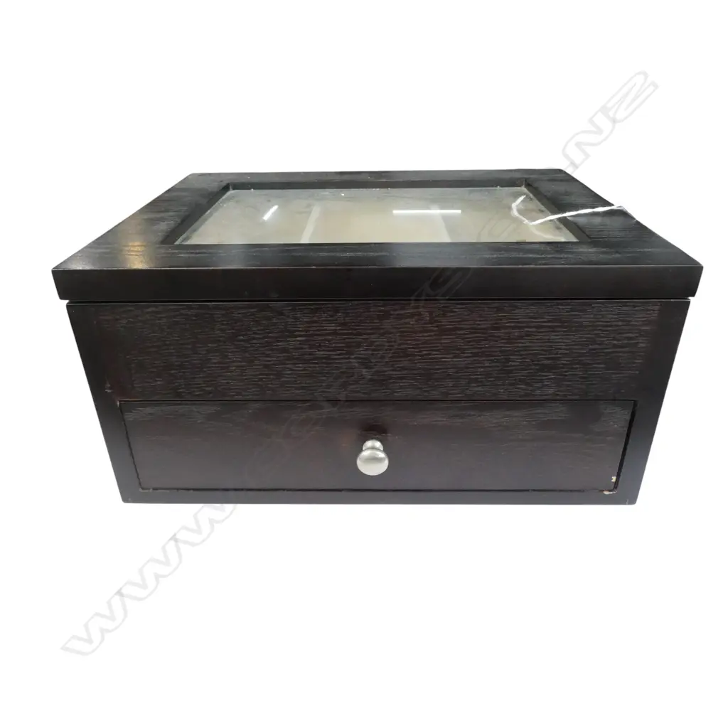 MODERN EBONISED JEWELLERY BOX + 2 ladies watches + costume articulated ring etc Image 1++