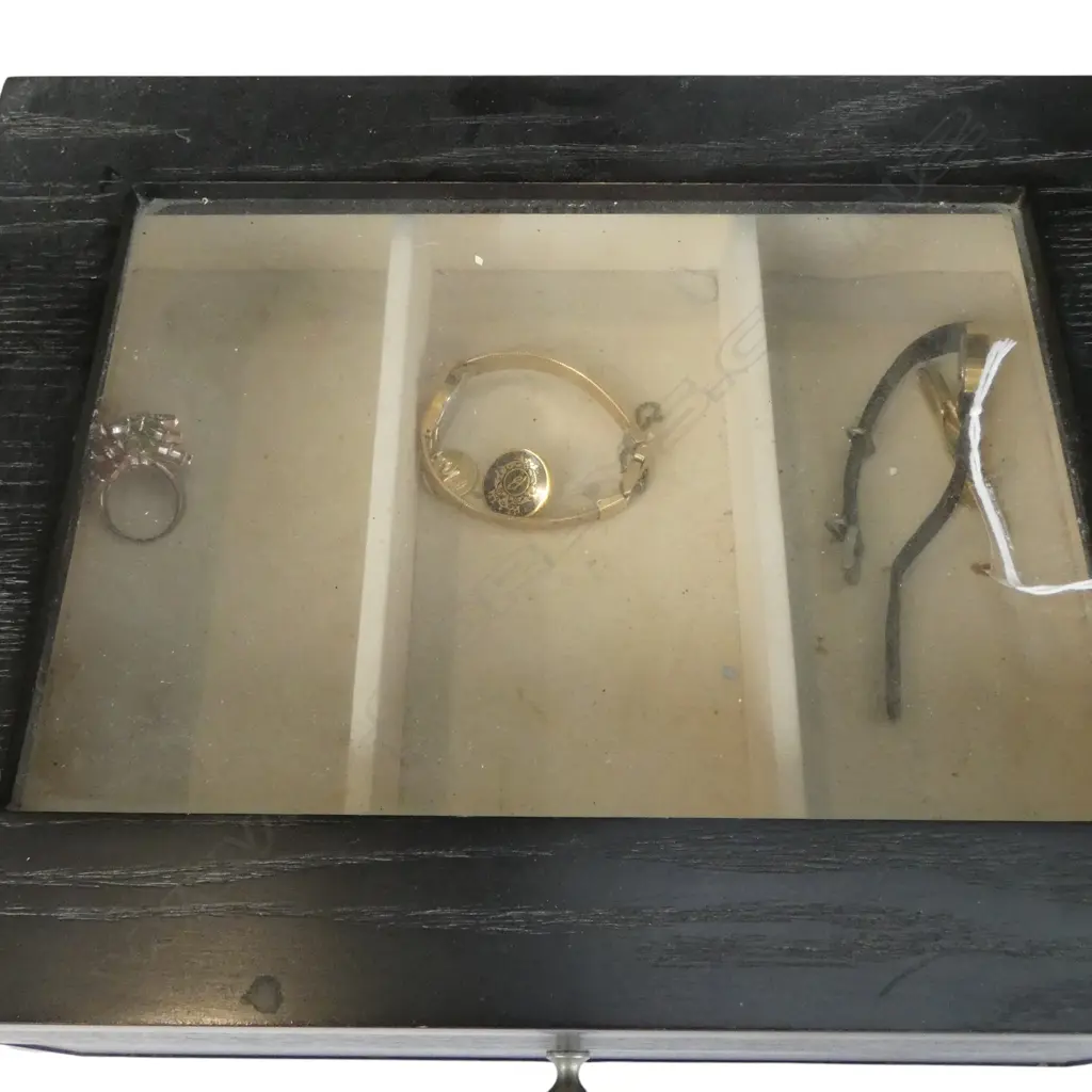 MODERN EBONISED JEWELLERY BOX + 2 ladies watches + costume articulated ring etc Image 1++