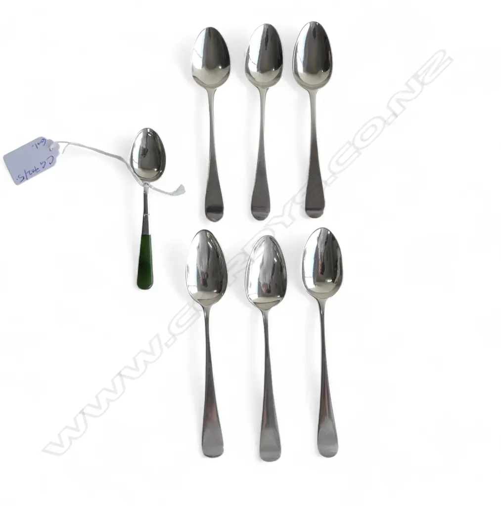 6 GEORGE III MATCHING TEASPOONS; 3 P&A BATEMAN, 3 THOS. NORTHCOTE, LONDON 1796 + ANOTHER w. GREENSTONE HANDLE 104gms Image 1++