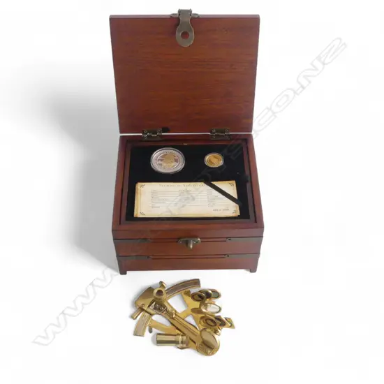 H.M.A.V. BOUNTY COLLECTORS SET, IN CHEST w. SEXTANT, N.Z. $25 99.99 GOLD COIN 7.77gms + $2 99.99 SILVER COIN 31.10gms