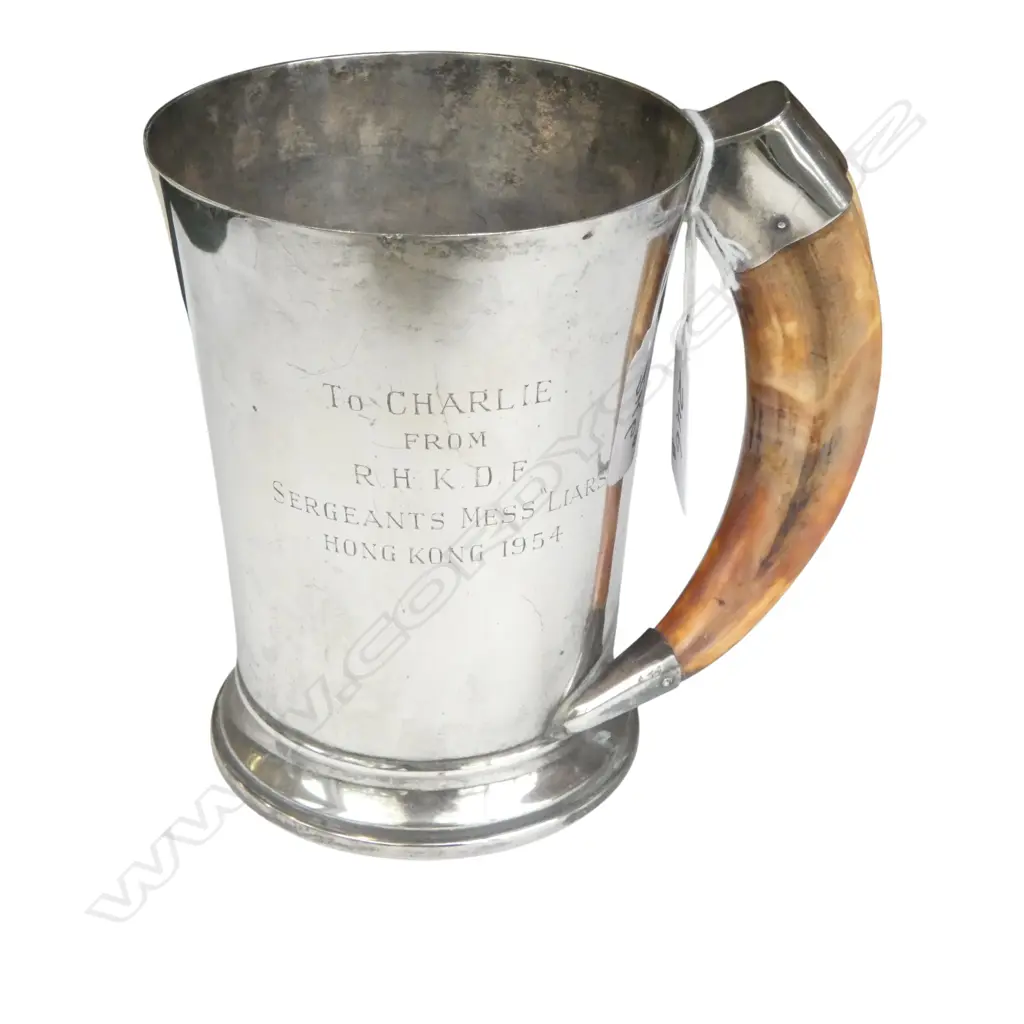 BIRMINGHAM 1951 LGE SILVER MUG with tusk handle. Inscribed 'Sergants Mess Liars Hong Kong 1954'. 523gms Image 1++