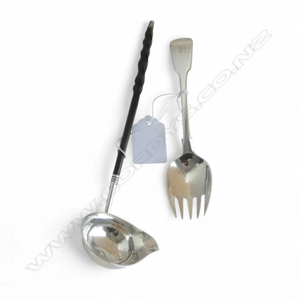STG SILVER TODDY LADLE, JOHN MERRY LONDON 1802 L.190mm + FORKED SPOON, WILLIAM CHAWNER LONDON 1829 47gms Image 1++