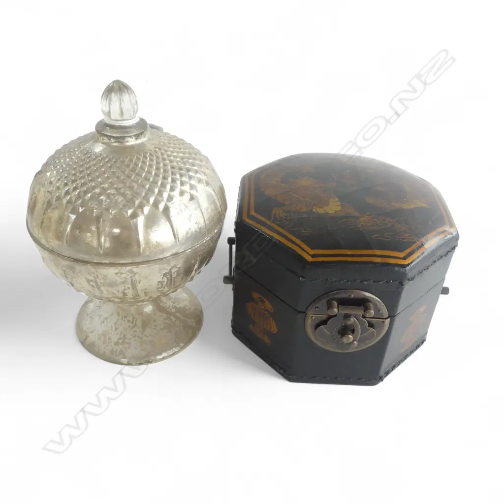 ORIENTAL OCTAGON BOX w DRAGON MOTIF, H.110mm, Dia.150mm & HEAVY GLASS COMPORT, H.200mm Image 1++