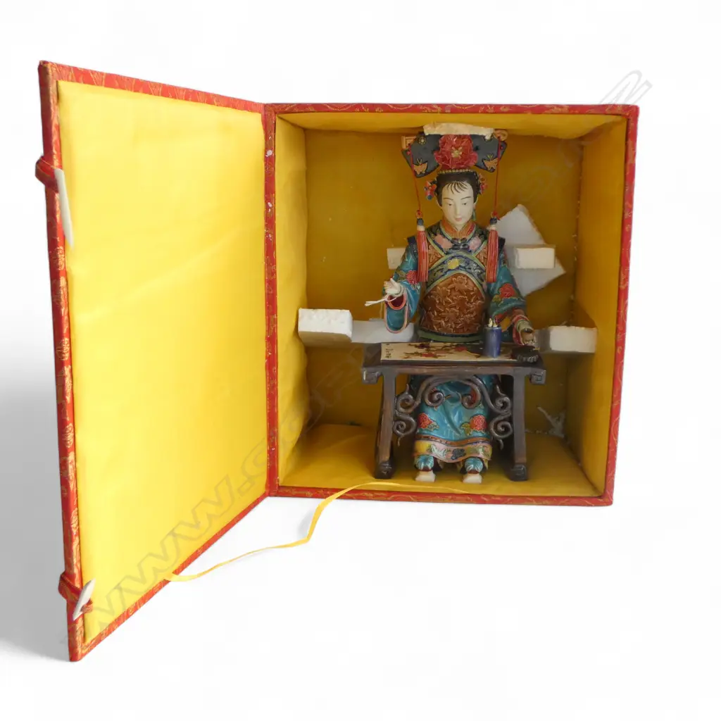 A SHIWAN CHINESE FIGURINE OF A WOMAN PRACTISING CALLIGRAPHY 300mm (H) in presentation box Image 1++
