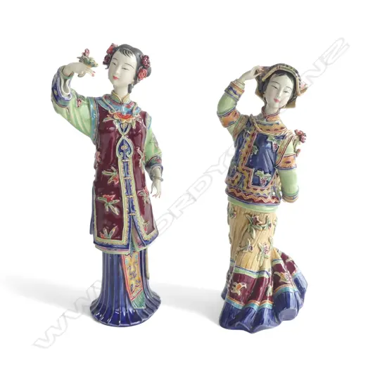 A PAIR OF CHINESE SHIWAN FIGURINES ONE WITH BASKET AND ONE WITH FLOWER (MISSING FINGER) 310mm (H) in presentation boxes