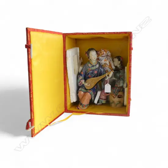 A CHINESE SHIWAN FIGURINE OF A LADY PLAYING A PIPA & OTHER DRINKING SAKE - foot broken 280mm (H) & presentation box