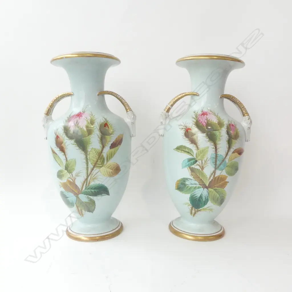 PR VICTORIAN CHINA URNS w. GOAT HANDLES H.430mm Image 1++