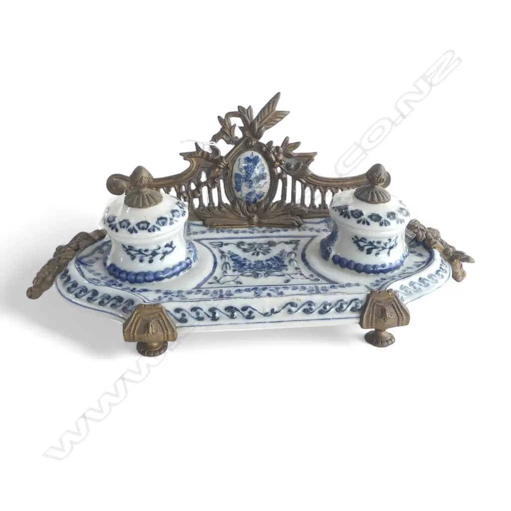 ANTIQUE VICTORIAN DESK SET, ironstone & brass, crown stamp & 1885 to base, 340 x 140 x 130mm Image 1++