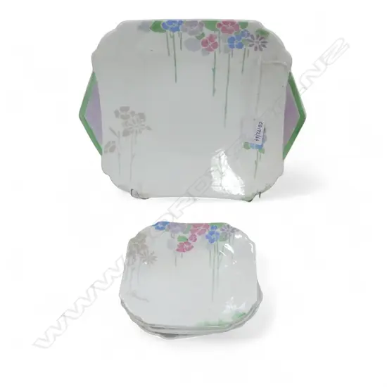 SHELLEY CHINA DECO CAKE PLATE & 5 SANDWICH PLATES FLORAL DESIGN
