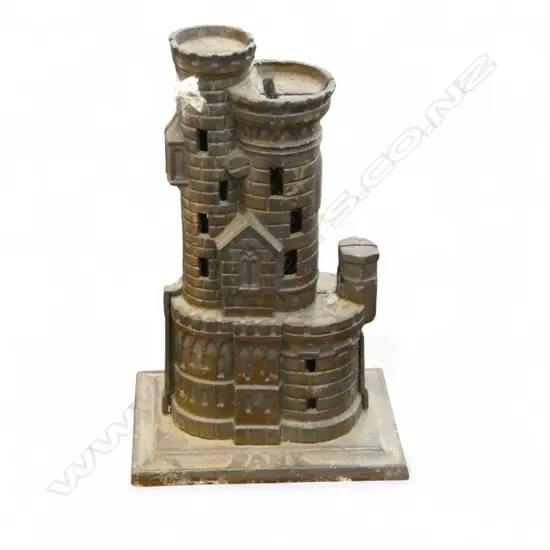 OLD CAST IRON STILL BANK 'Elastolin Castle ' by John Harper England. 1908. H.180mm. Bronzed finish.
