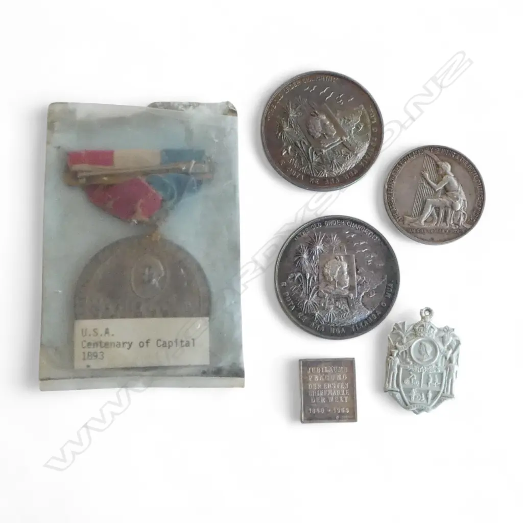 6 white metal MEDALLIONS: 2 X lge 1967 intro decimal coinage + 1924 singing medal + one penny stamp + USA 1893 Cent. + Image 1++