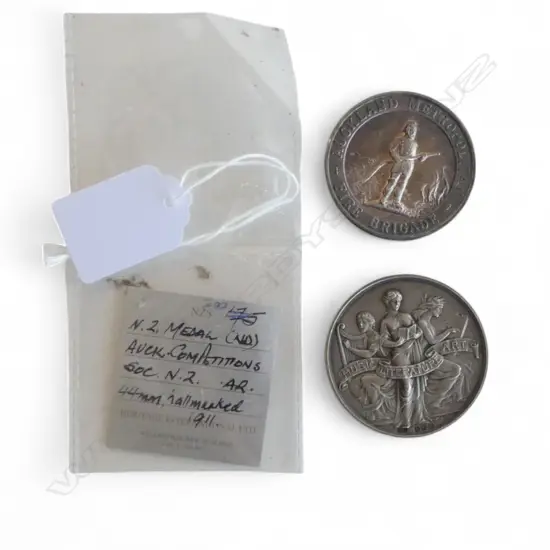 2 NZ SILVER ? COMMEMORATIVE MEDALS/MEDALLIONS. 'Auckland Competitions Society' Music Literature Art + Auckland Fire Brig