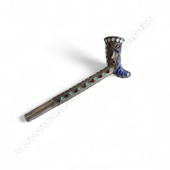 RUSSIAN SILVER & ENAMEL OPIUM PIPE L.85mm 13gms