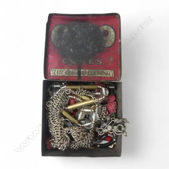 OLD OXO TIN w. ASST. JEWELLERY