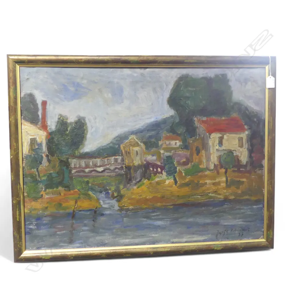 20thC EUROPEAN VILLAGE SCENE 1957, OIL ON CANVAS, INDISTINCTLY SIGNED, 540x735mm Image 1++